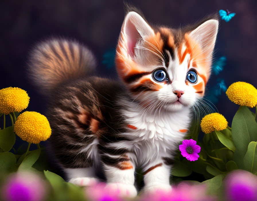 Colorful Illustrated Kitten Surrounded by Flowers and Butterflies