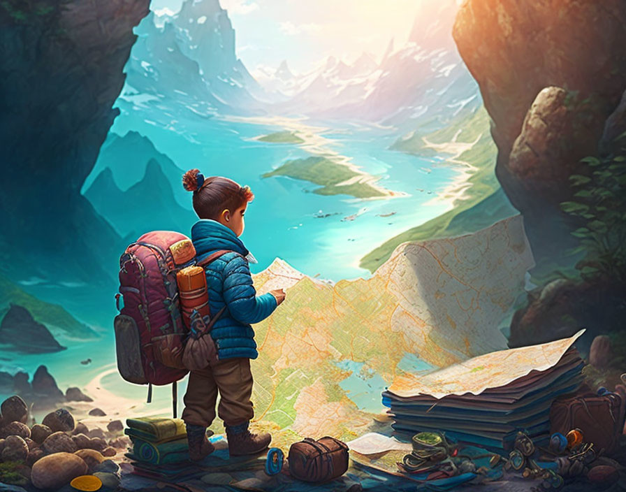 Young adventurer with backpack consults map at vantage point overlooking tranquil valley