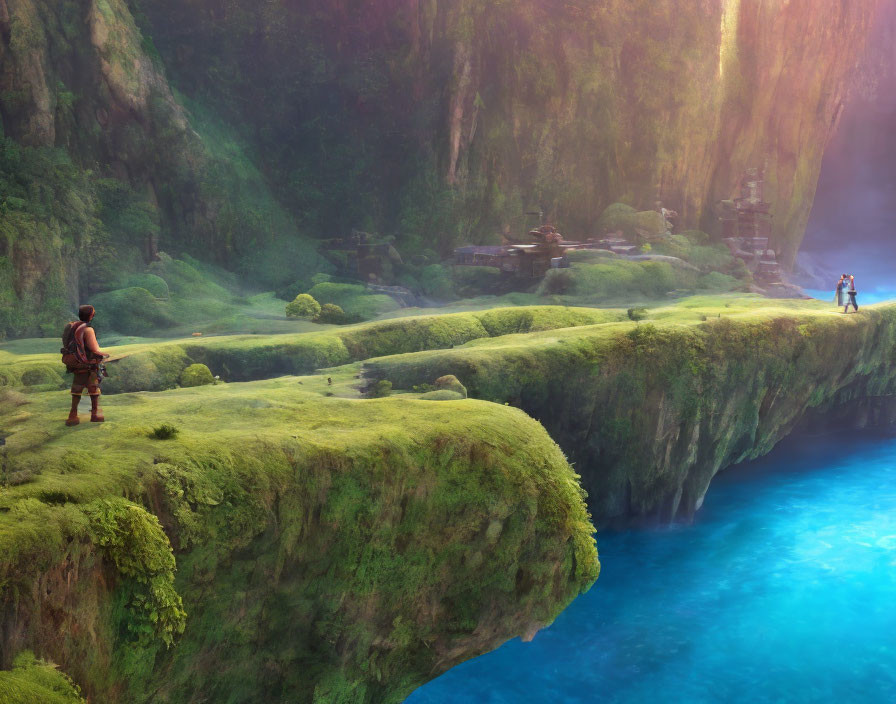 Fantastical landscape with lush green cliff and characters by bright blue waters