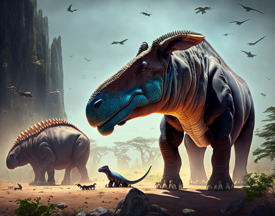 Digital artwork of serene prehistoric landscape with detailed Parasaurolophus.