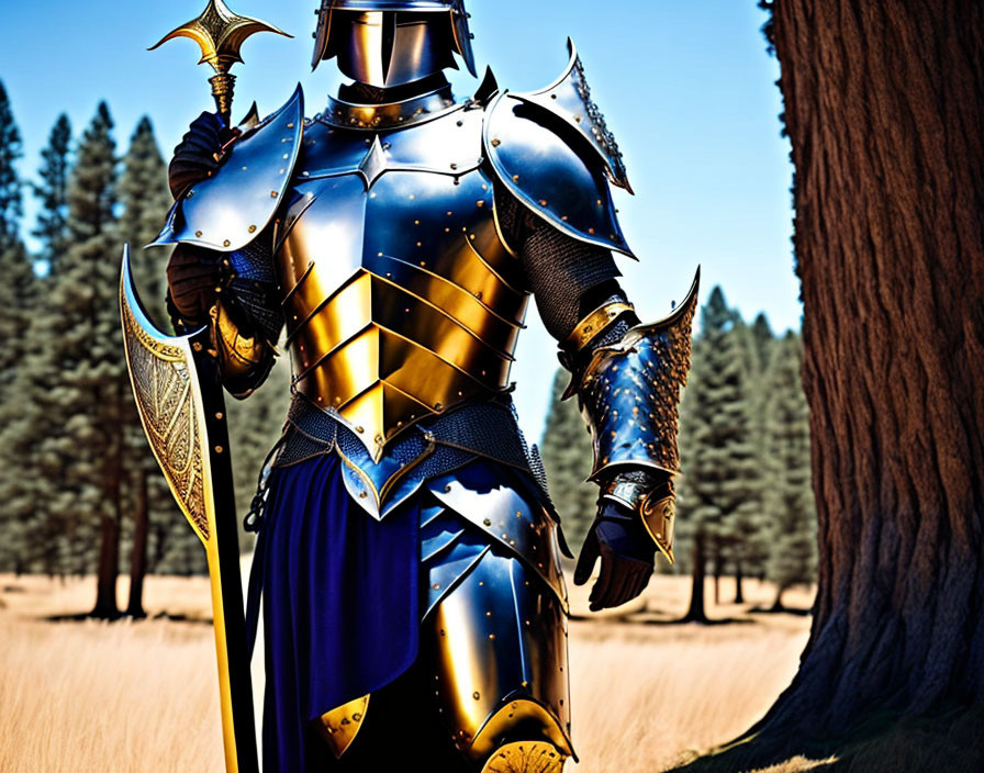 Ornate knight in shining armor with decorative axe in grassy field