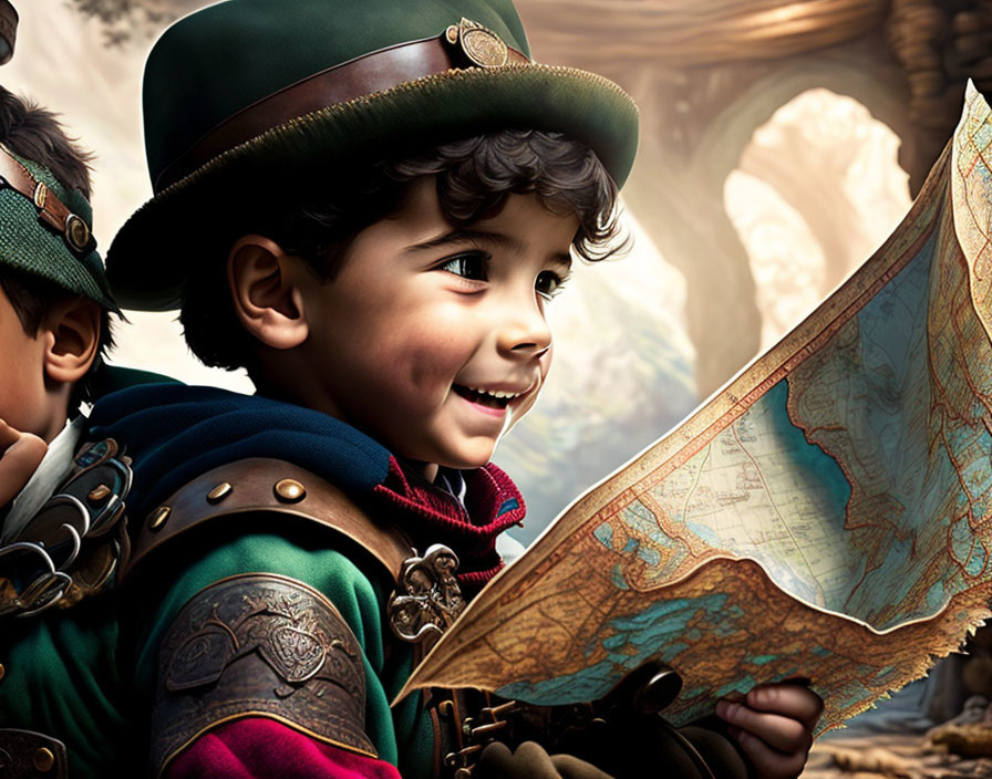Young boy is happy while holding the map