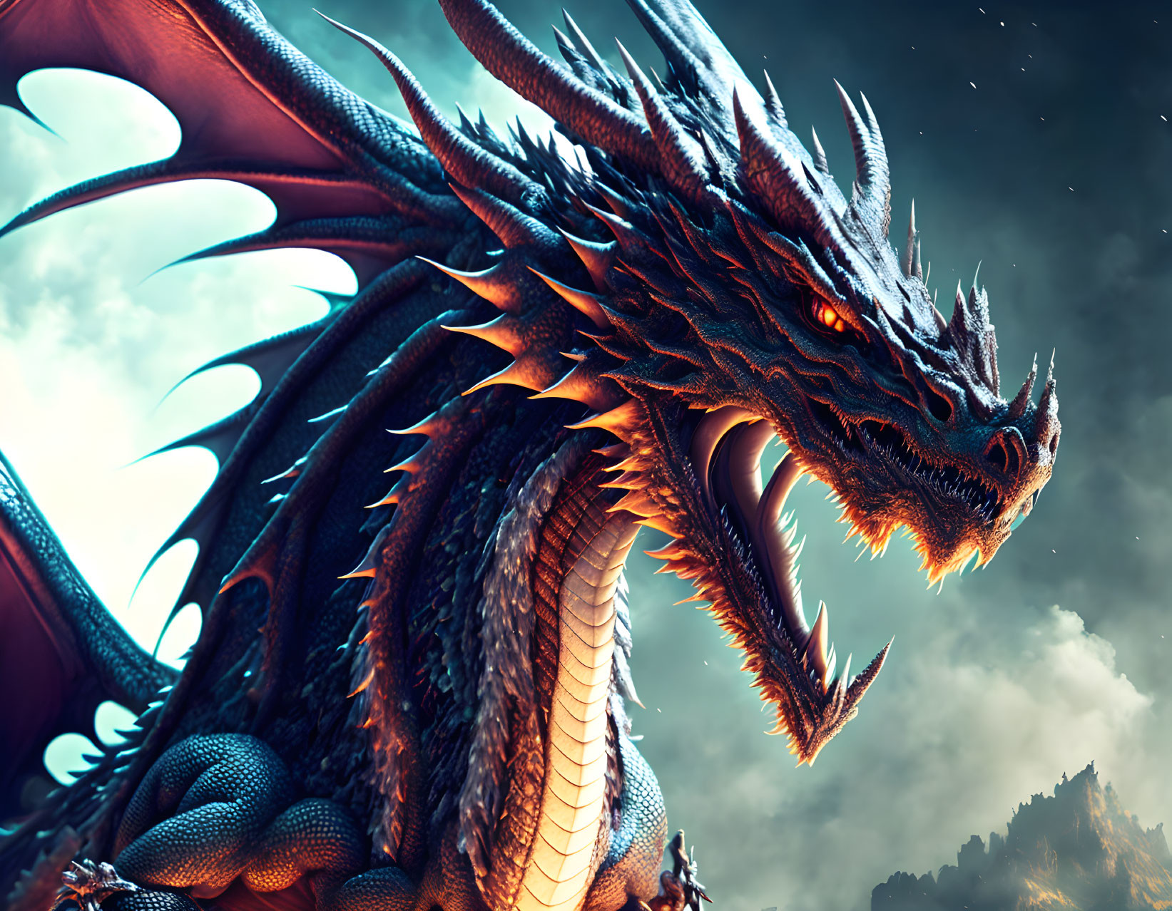 Majestic dragon with sharp scales and horns under dramatic sky