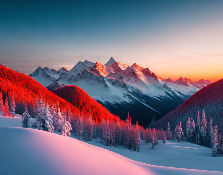 Scenic snow-covered sunset landscape with pink and blue hues over mountains and forest