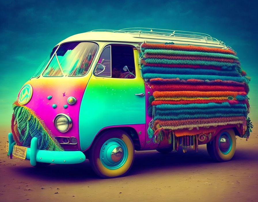 Colorful vintage van with psychedelic paint job and vibrant blankets on teal background