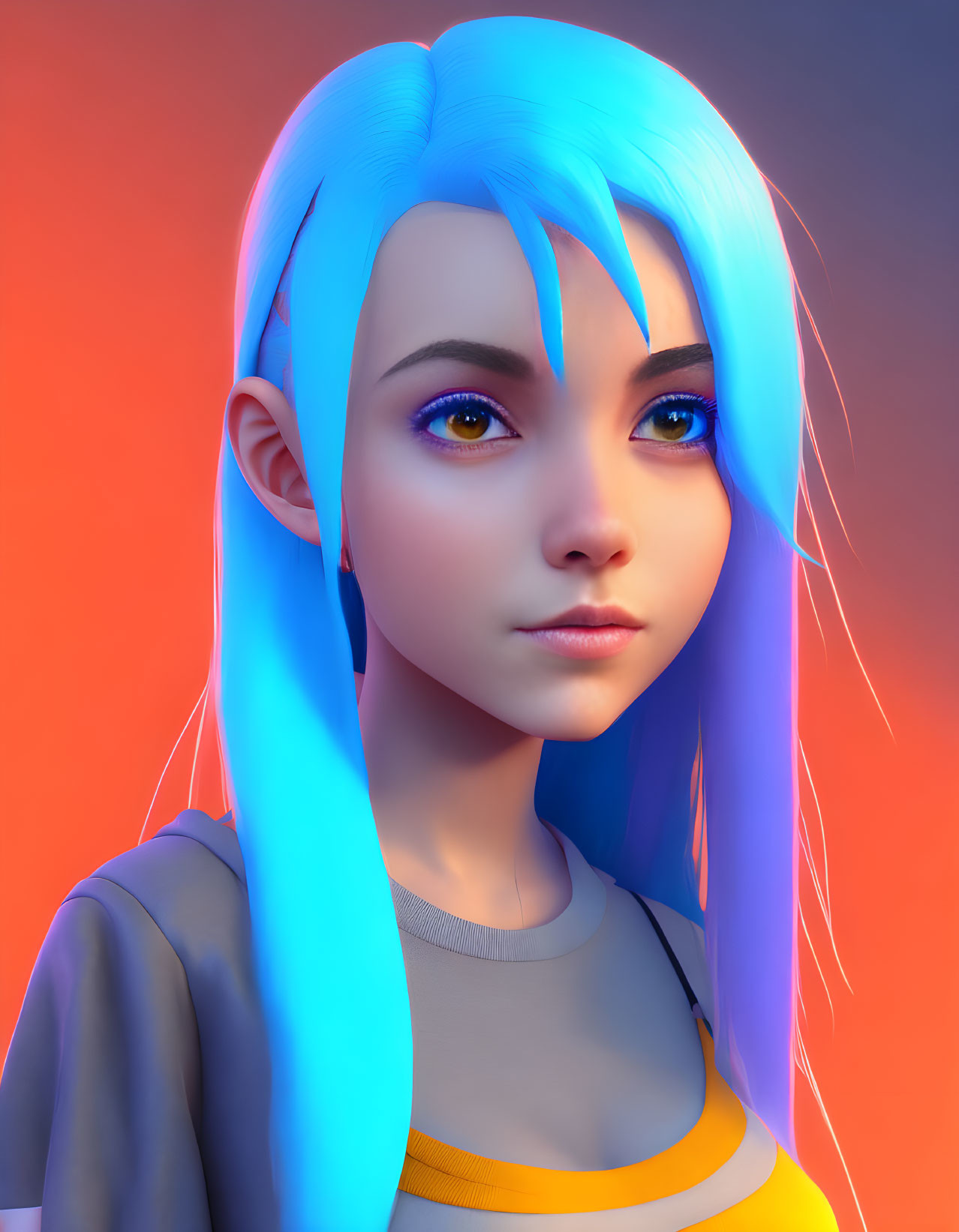 Digital artwork featuring young woman with blue hair, eyes, and pointed ears on gradient backdrop