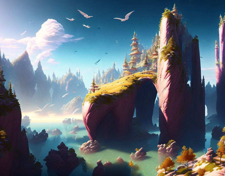 Fantastical landscape with pink cliffs, temple, lush forests, bridge, and serene waters