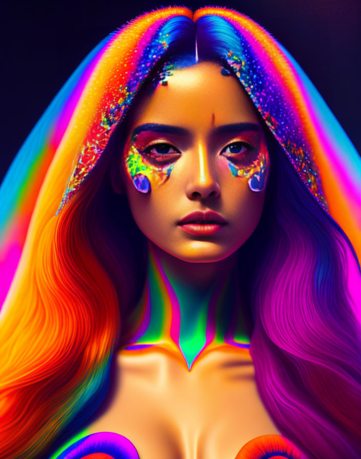 Colorful portrait of a woman with rainbow hair and makeup under vibrant lighting