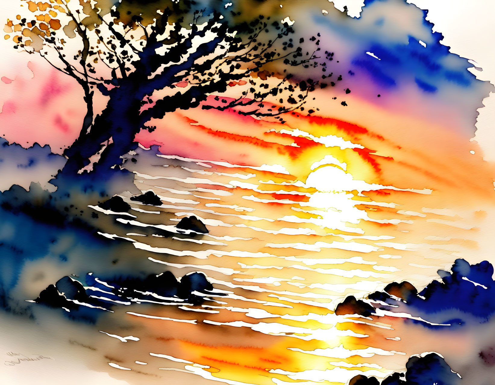 Colorful Watercolor Sunset Silhouette Tree Reflections Art