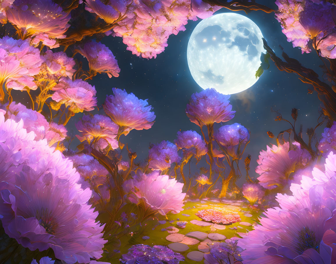 Luminous night landscape with oversized purple flowers and trees