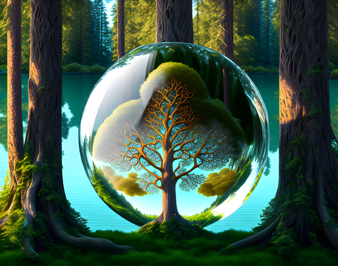 Digital art: Golden tree in transparent sphere by serene lake