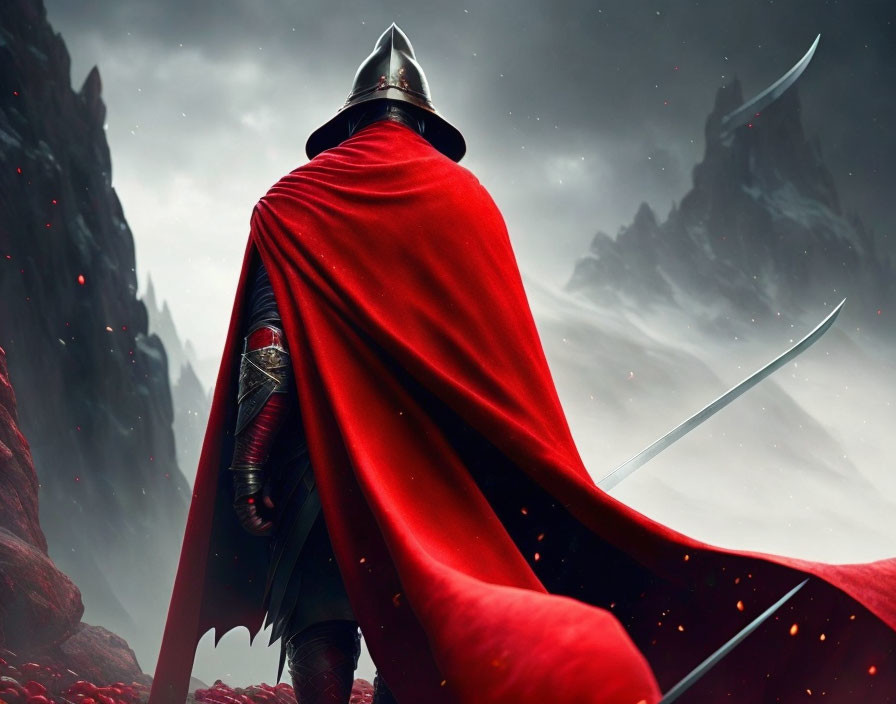Knight in red cape and armor on rocky terrain with swords under stormy sky