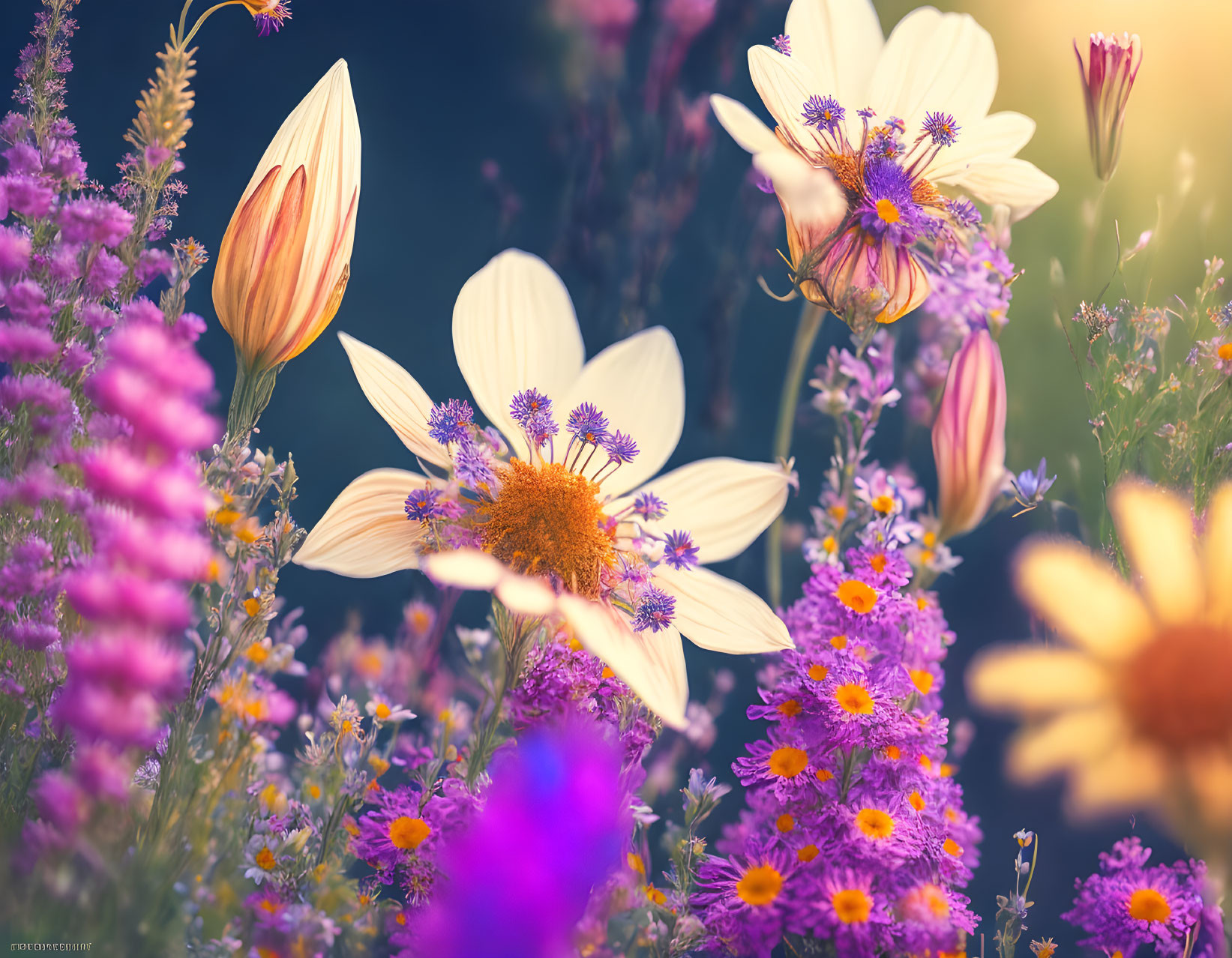 White and Purple Flowers in Vibrant Garden Scene
