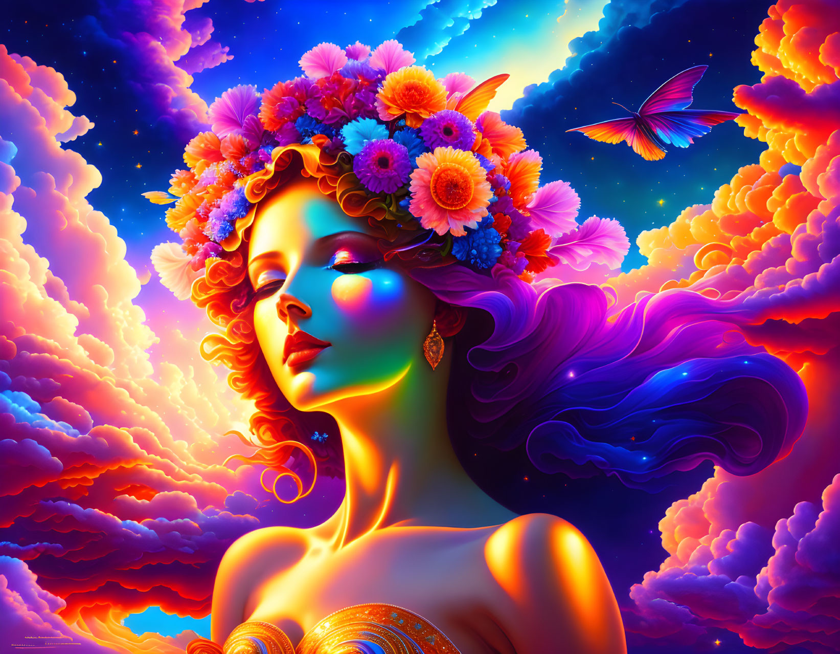 Colorful digital artwork of woman with floral hair and butterfly against vibrant clouds.