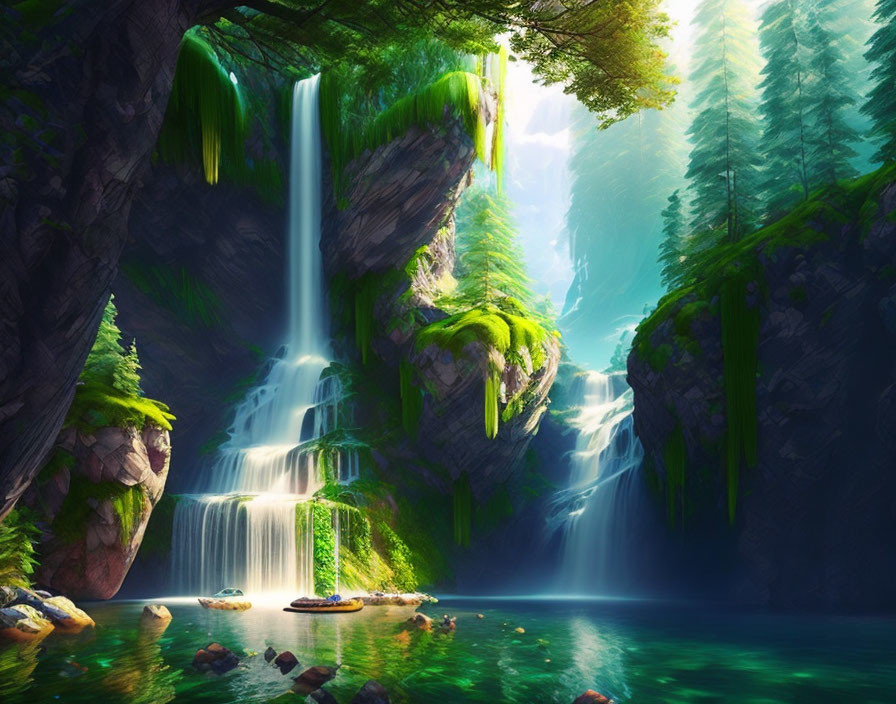 Serene pool beneath multi-tiered forest waterfall