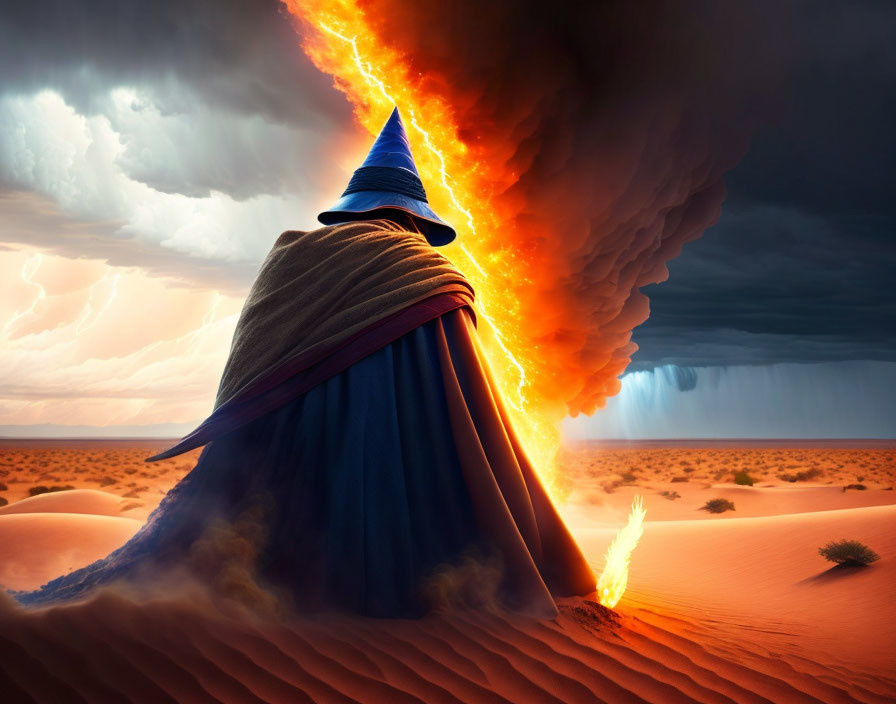Wizard casting spell in desert creates fire and storm split sky