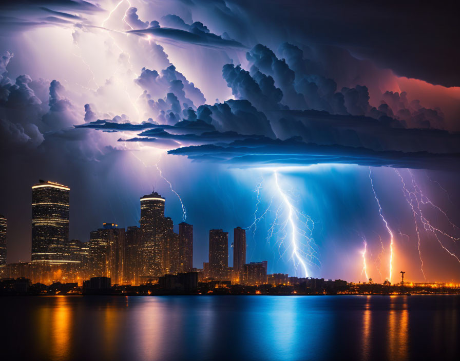 City skyline under storm with lightning bolts at night