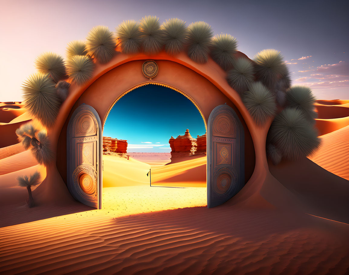 Circular ornate doorway in desert landscape with blue sky and rock formations