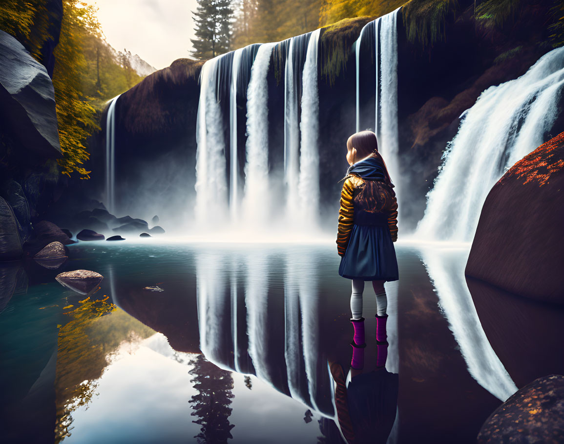 Child in Yellow Jacket at Majestic Waterfall