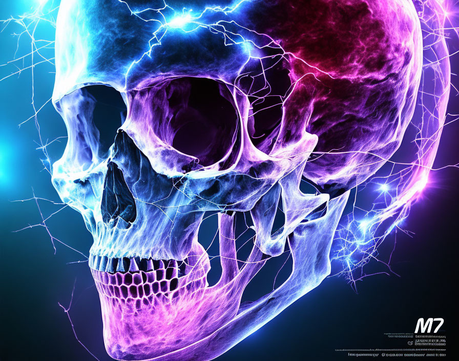 Vivid Neon Human Skull Artwork in Blue and Purple Hues