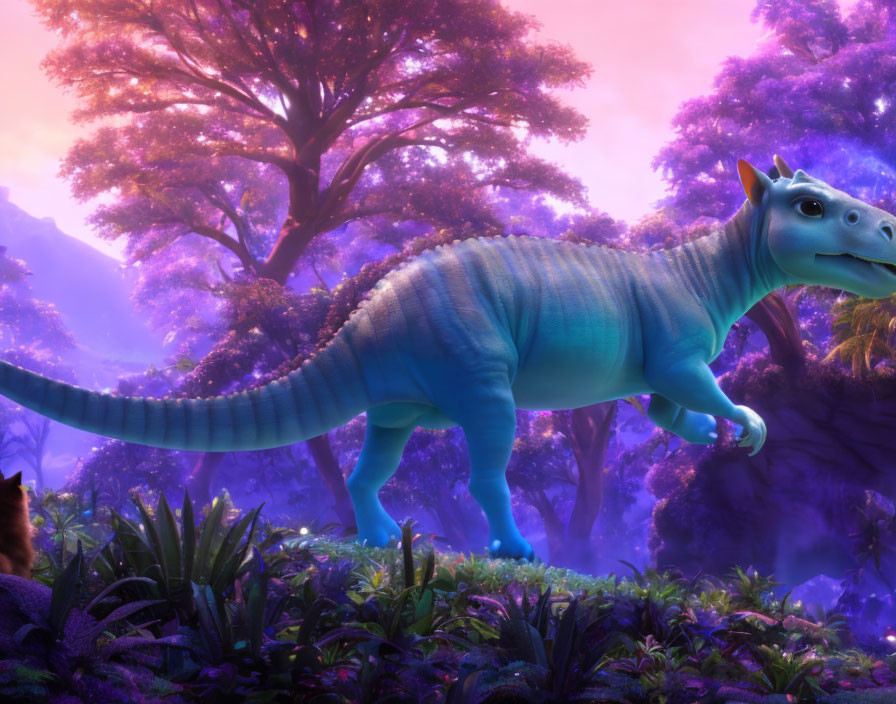 Colorful cartoon dinosaur in vibrant jungle scene