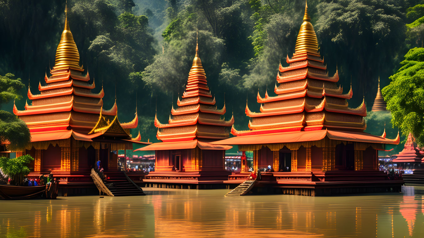 Asian Temples with Tiered Roofs by Waterfront and Green Hills