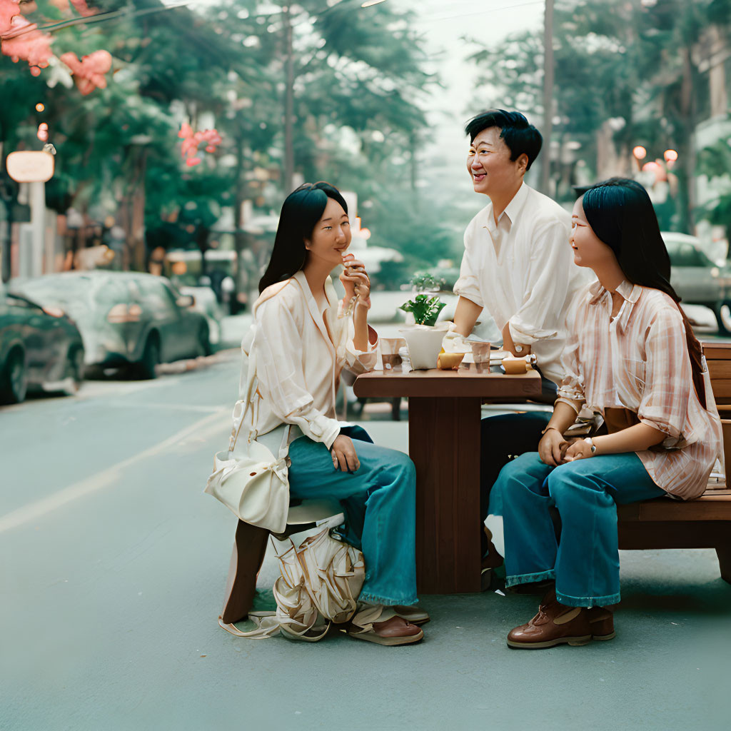 Friends chatting at street-side table in urban setting with warm lighting.