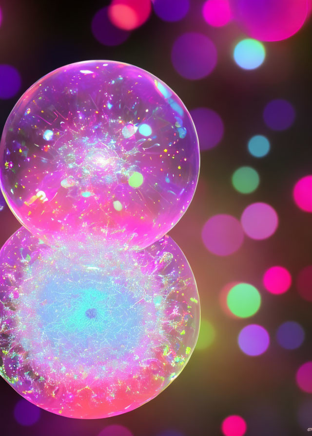 Iridescent soap bubbles on vibrant bokeh lights