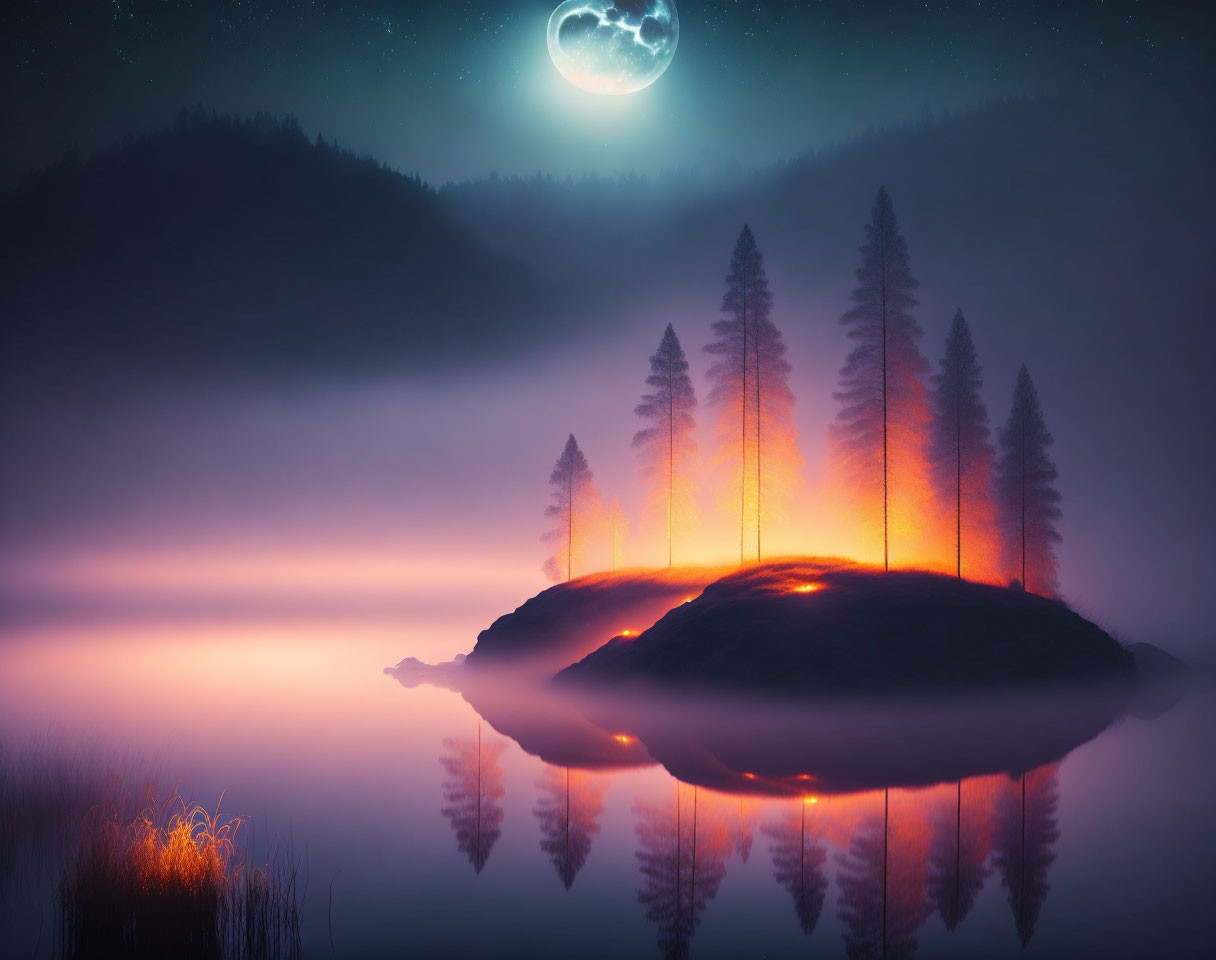 Moonlit island surrounded by misty waters and silhouetted pine trees