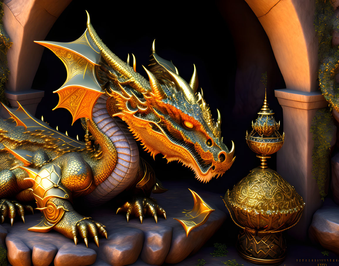 Intricate golden dragon with decorative urn in stone arch setting