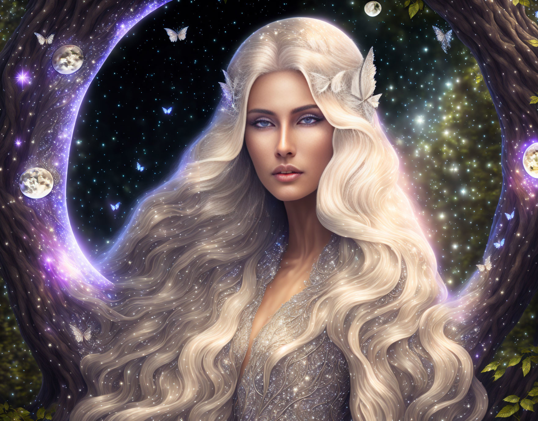 Mystical elf with long wavy hair in cosmic setting with butterflies and moons