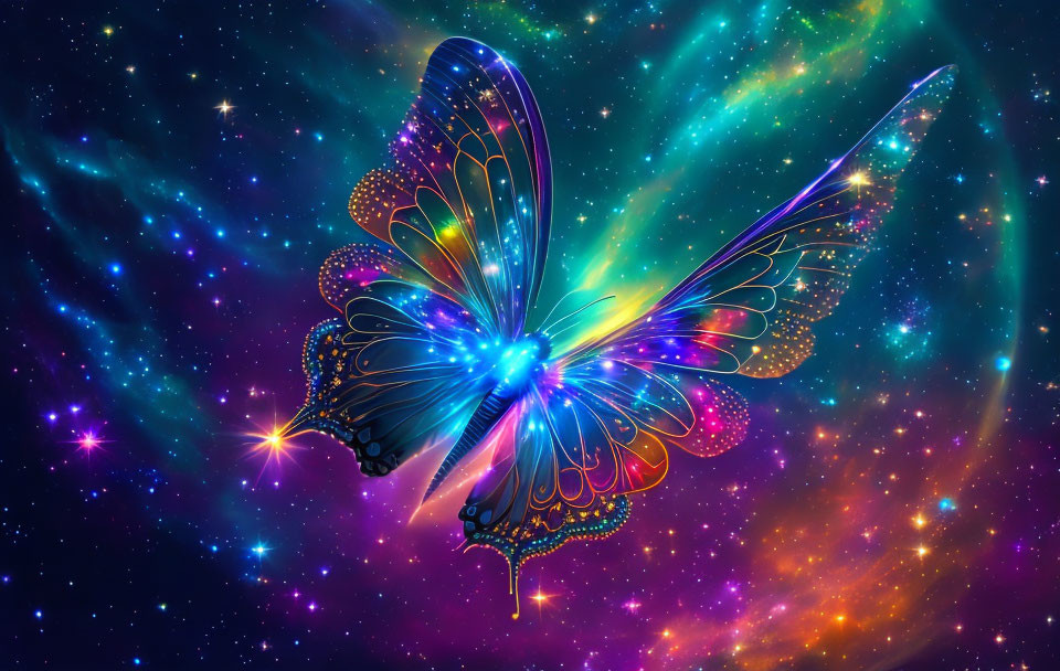 Colorful Butterfly with Illuminated Wings in Cosmic Setting