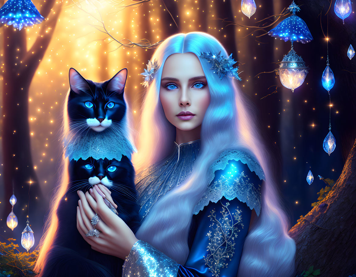 Fantasy illustration of woman with blonde hair, black cats, lanterns, and magical forest