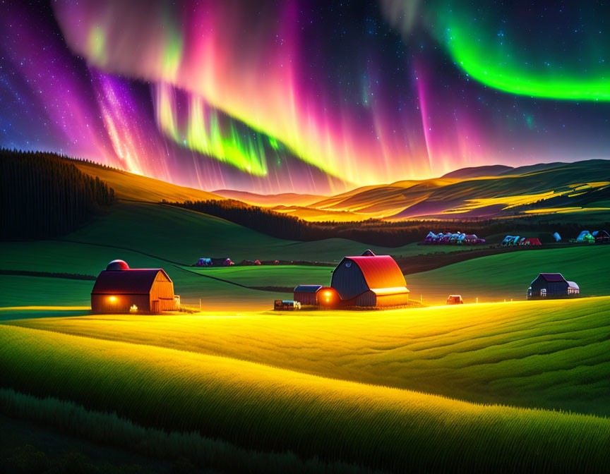 Colorful aurora borealis over illuminated farm at night