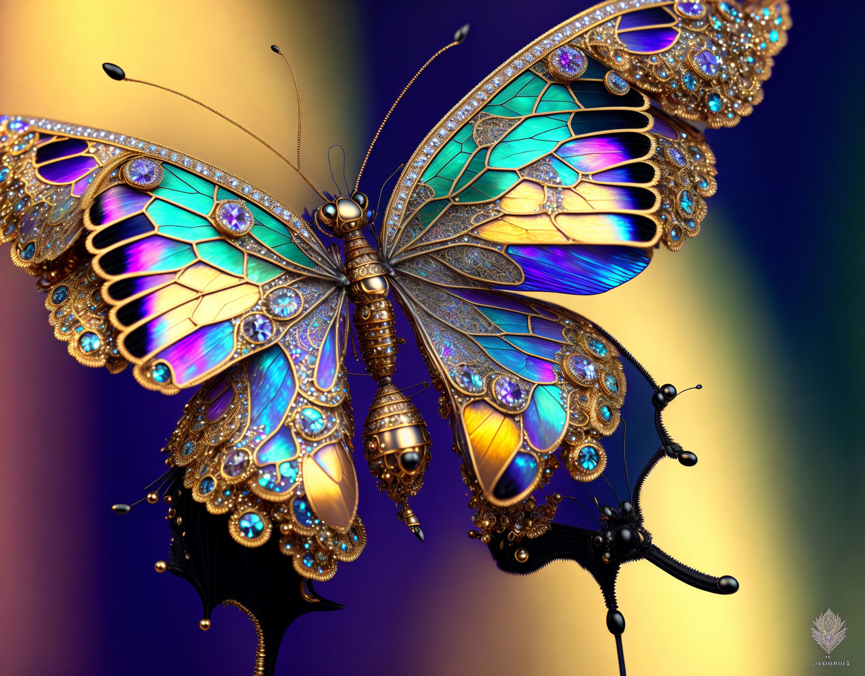 Iridescent Blue and Gold Butterfly with Gem-like Details