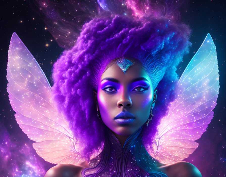 Mystical portrait of woman with purple hair and butterfly wings