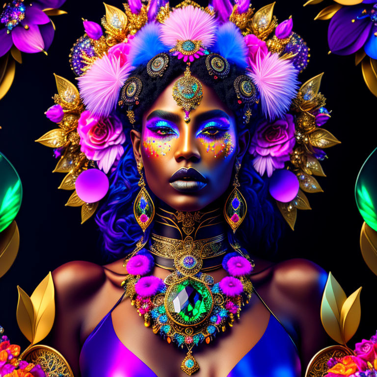 Colorful digital art portrait of a woman with fantasy makeup, gold jewelry, and vibrant flowers