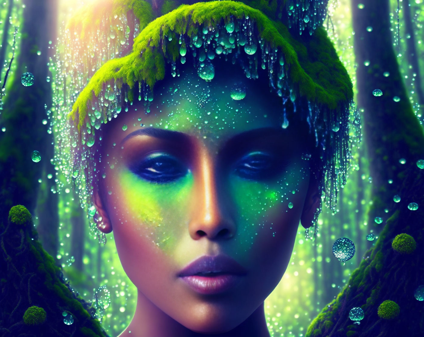 Vibrant green and blue makeup on woman in mystical forest setting