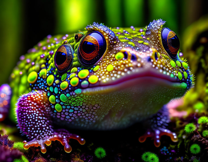 Vibrant multicolored frog on lush green background