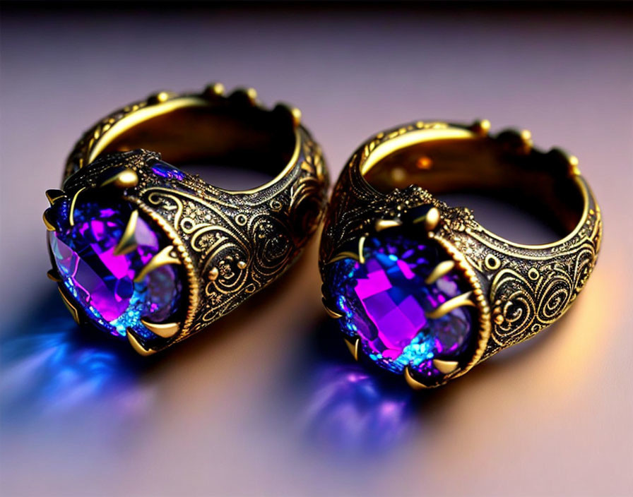 Ornate golden rings with large purple gemstones on blue reflections
