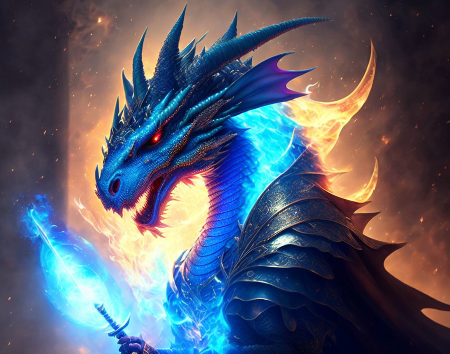 Blue dragon breathing fire in intense flames on fiery backdrop