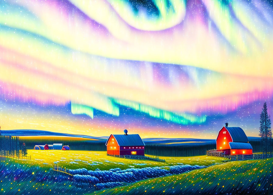 Colorful farm scene under aurora-lit sky with red barns, green hills, and flower
