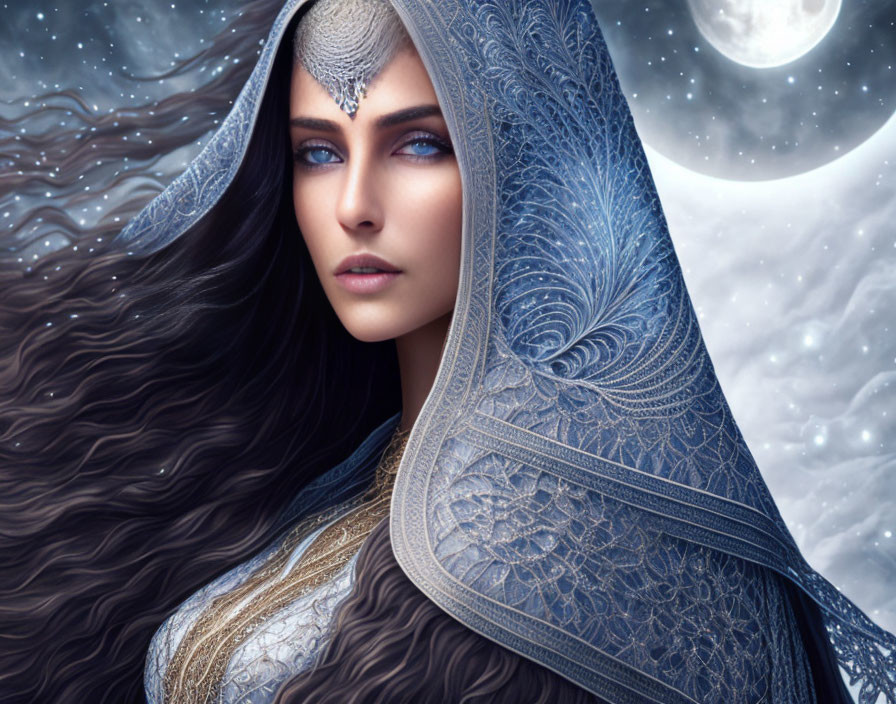 Mystical Woman with Blue Eyes and Ornate Headpiece under Moonlit Sky