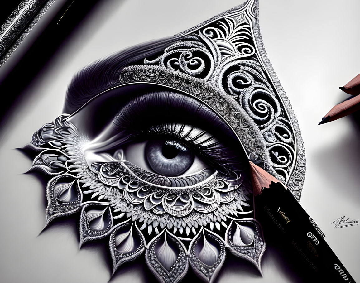 Detailed monochromatic eye illustration with intricate patterns and accentuating pencils