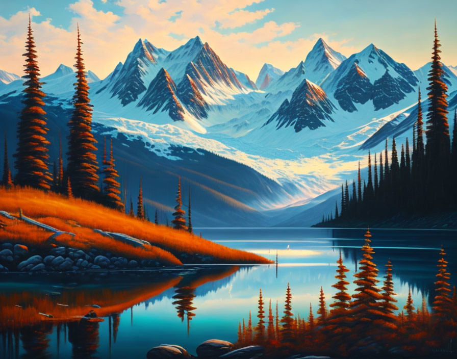 Tranquil Landscape: Snow-capped Mountains, Lake, Evergreen Trees