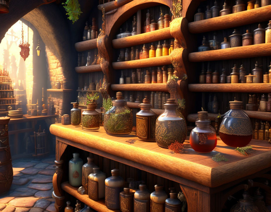 Vintage Apothecary with Wooden Shelves and Herbal Potions