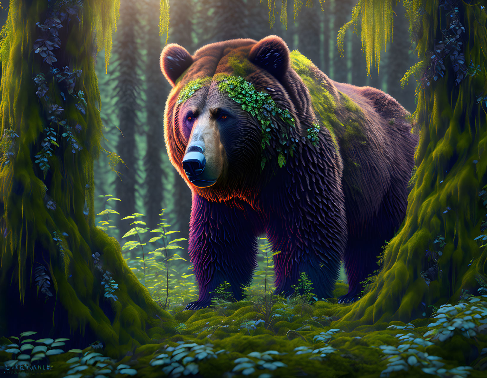 Brown Bear in Moss-Covered Forest with Green Foliage