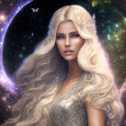 Mystical elf with long wavy hair in cosmic setting with butterflies and moons