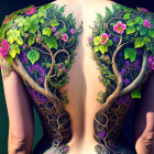 Colorful back tattoo featuring vibrant trees and blossoming flowers