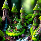 Fantasy moss-covered forest with whimsical tree houses & pathways